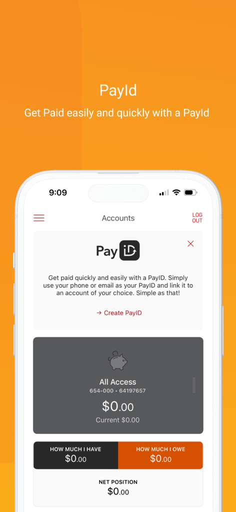 Queensland Country Banking - Queensland Country Banking app interface with PayID promotion and account summary