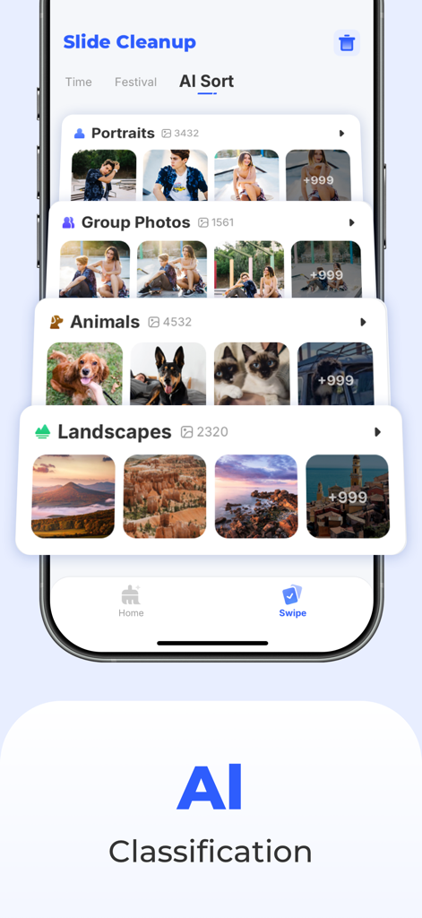 CleanerMate-Storage Ai cleaner - CleanerMate app interface showing AI photo classification into portraits group photos animals and landscapes