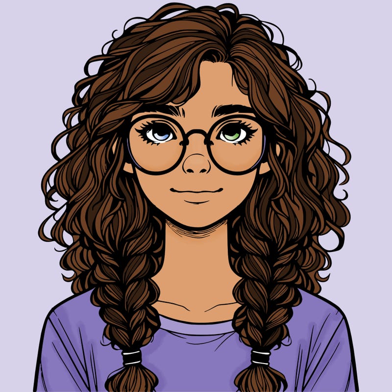 realistic girl with glasses and frizzy hair in braids