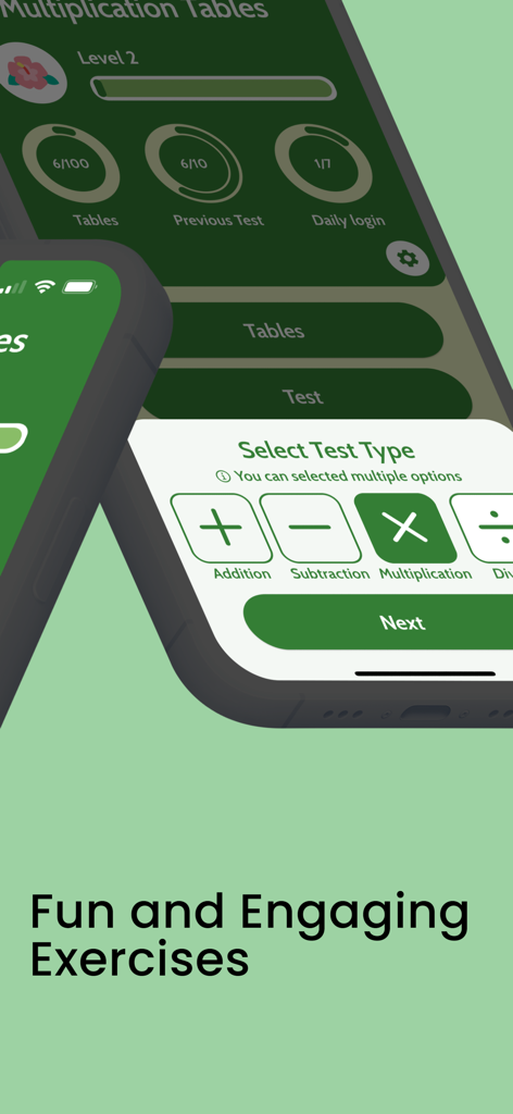 Maths Tables 1 to 100 and Quiz - Mobile app screen showing multiplication progress and a menu to select addition, subtraction, multiplication, or division quizzes.