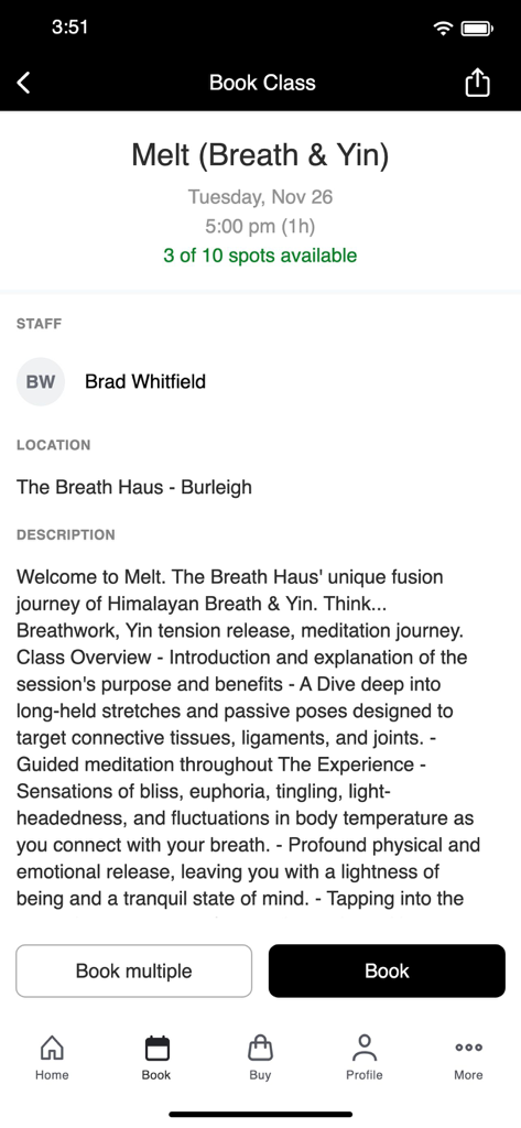 Class booking screen for Melt Breath and Yin at The Breath Haus