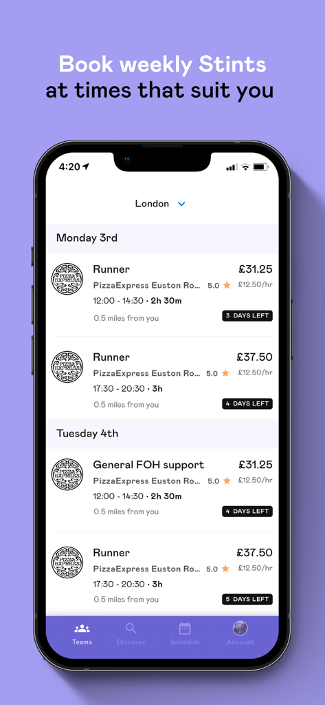 Mobile app interface of Stint Students showing available short term hospitality shifts at PizzaExpress with pay rates and times