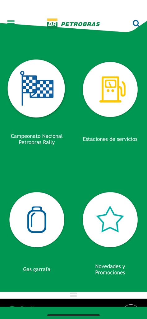 Localizador Petrobras - Main dashboard of the Localizador Petrobras mobile app showing service icons for gas stations and bottled gas