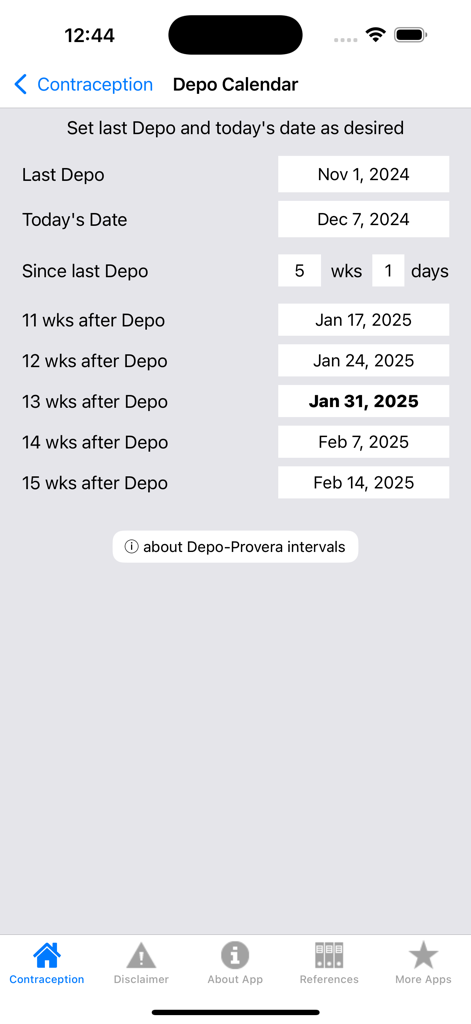 Écran de l'application médicale pour le calendrier d'injection de Depo Provera montrant les intervalles calculés et les dates de suivi.