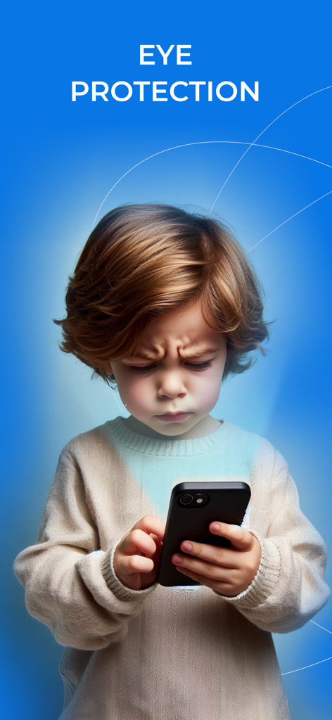 Un niño pequeño mirando la pantalla de un teléfono inteligente con el texto Protección ocular arriba
