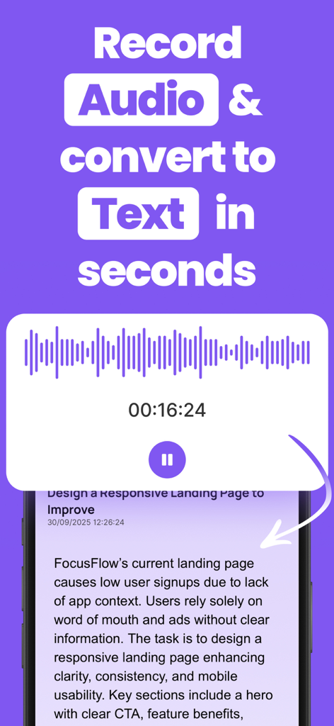 Summary AI Note Taker: NoteGPT - NoteGPT mobile interface recording audio and converting it to text in seconds