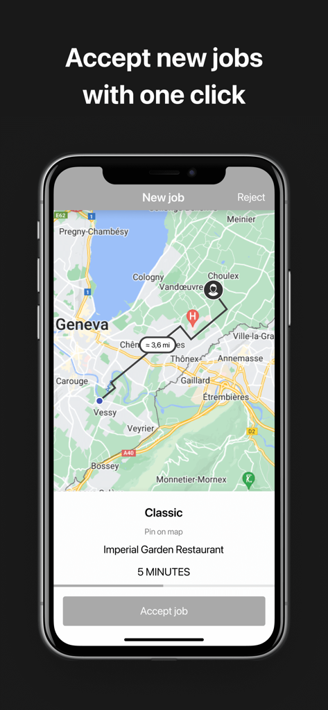 TaxiFy Driver - TaxiFy Driver app showing a new job request on a map of Geneva with an Accept job button