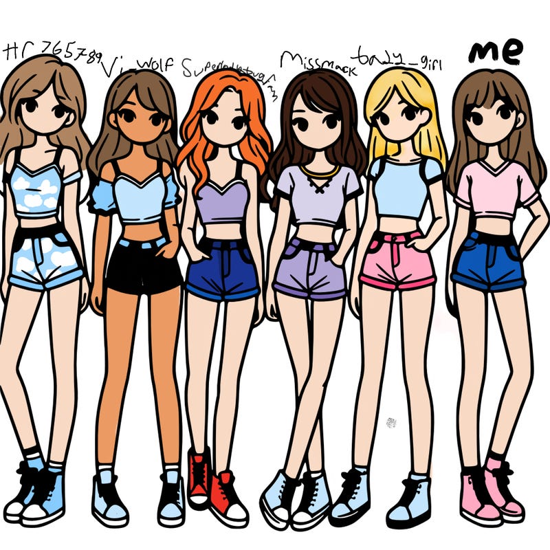 a group of girls wearing crop tops and shorts