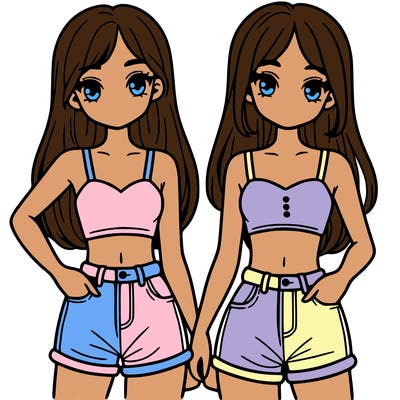 two sisters with crop tops and jean shorts and straight hair