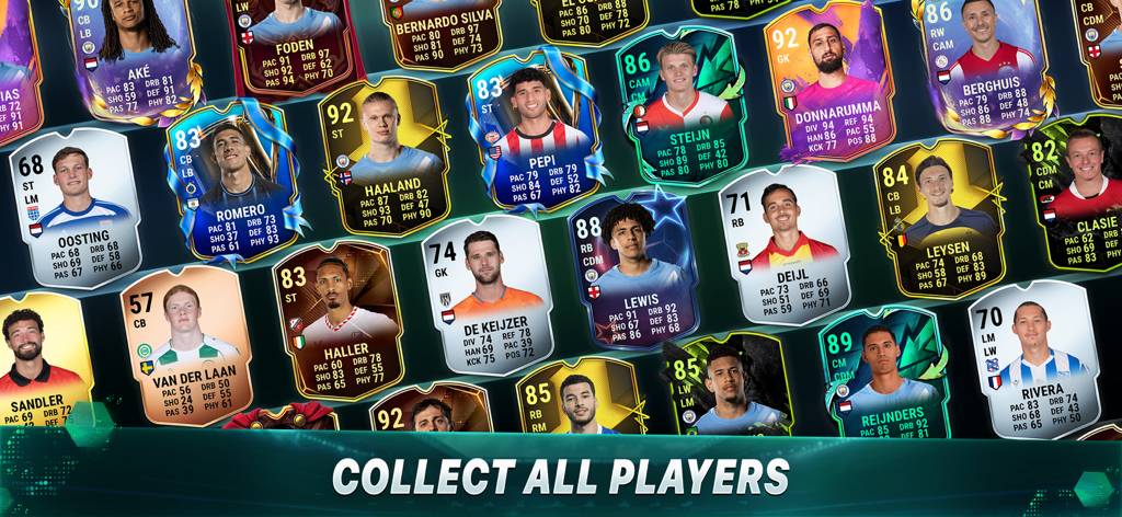 Ultimate Football Manager - A collection of professional football player cards featuring various star athletes and their ratings