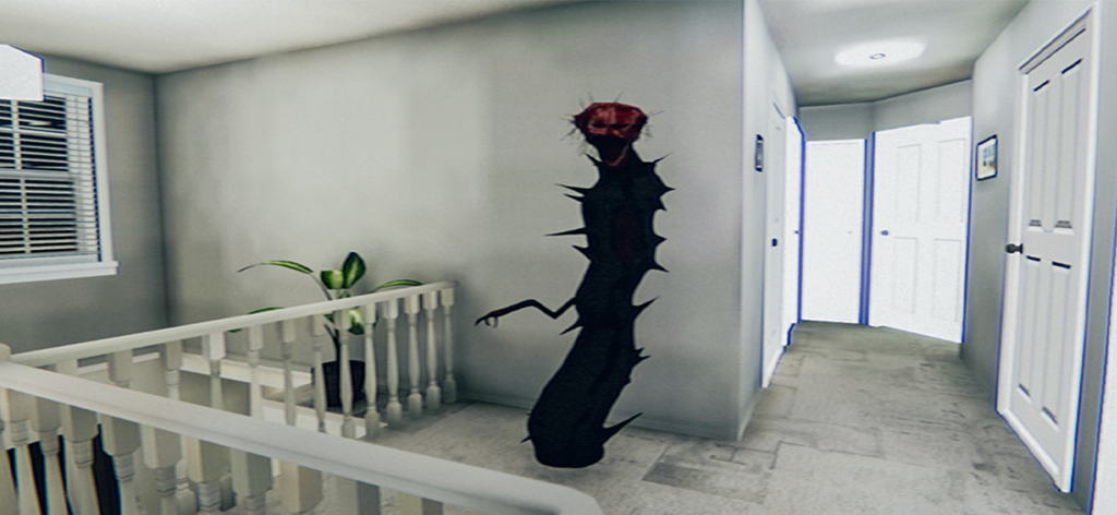 A dark spiky monster with a red face standing in a suburban house hallway.