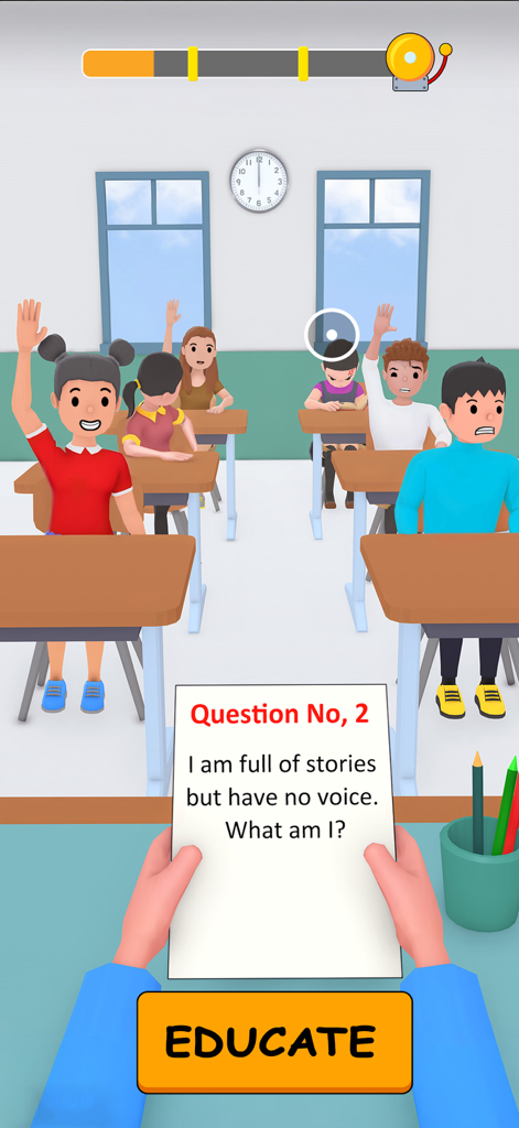 Pass or Fail - School Games - A teacher POV holding a paper with a riddle in a classroom full of students in the Pass or Fail School Games app