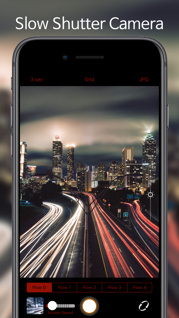 Flow Shutter Cam app interface showing a long exposure night photo of city traffic light trails.