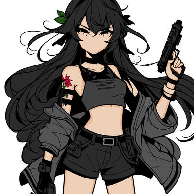 bad girl wearing crop top holding a gun long hair anime
