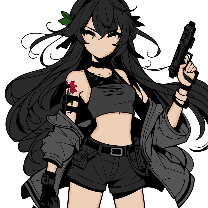 bad girl wearing crop top holding a gun long hair anime