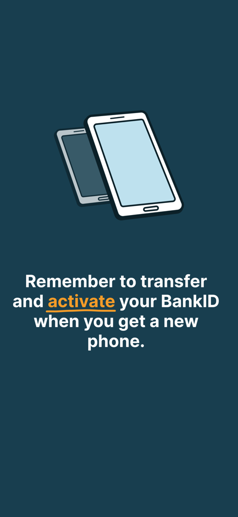 BankID Security App - Ilustración de dos smartphones con texto recordando a los usuarios transferir y activar BankID al obtener un nuevo teléfono.