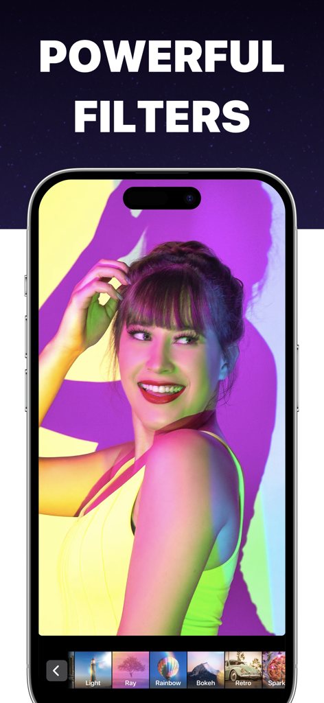 A smartphone screen showing the Boomerang app interface with colorful aesthetic filters applied to a woman portrait.