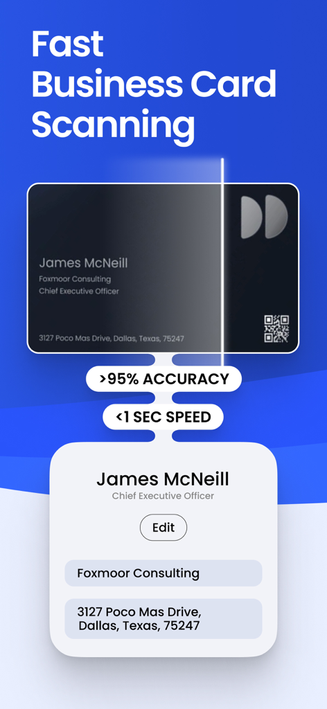Covve CRM Manage your contacts - Oberfläche, die das schnelle Scannen von Visitenkarten von Covve CRM mit hoher Genauigkeit und schneller Verarbeitungsgeschwindigkeit zeigt.