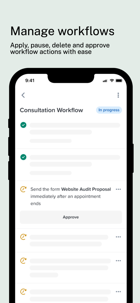 Dubsado - iPhone screenshot of the Dubsado app showing a consultation workflow with steps to approve and send forms
