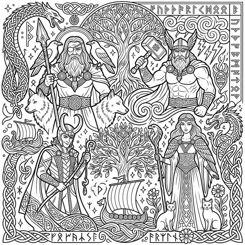 Dive into the rich world of Norse mythology with this stunning coloring page featuring powerful gods and goddesses. Bring Odin, Thor, Loki, and Freya to life with your favorite colors.