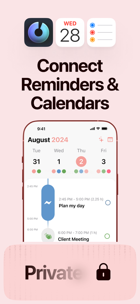 Structured 앱 인터페이스로, 동기화된 미리 알림 및 캘린더가 있는 시각적 타임라인을 표시합니다.