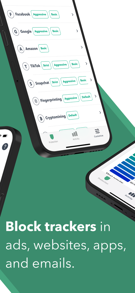 Tracker Protection - Screenshots of the Tracker Protection app by Disconnect showing privacy settings and tracker activity graphs