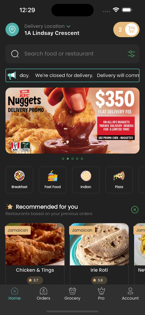 7Krave Food & Marketplace - Tela inicial do aplicativo 7Krave exibindo categorias de alimentos e recomendações de restaurantes na Jamaica