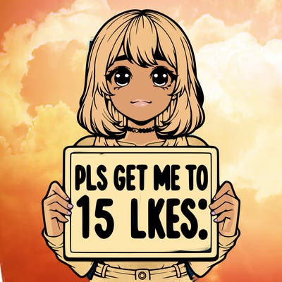 realistic girl holding up a sign that says “pls get me to 15 likes!”