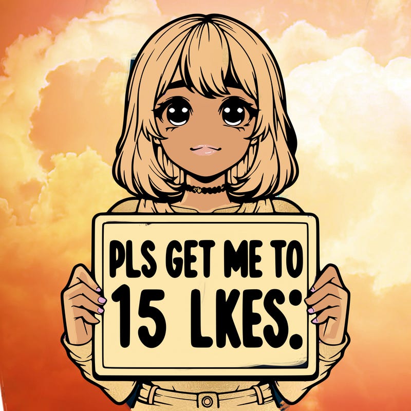 realistic girl holding up a sign that says “pls get me to 15 likes!”