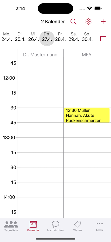 Terminkalender in der tomedo Software, der Patientenpläne für Ärzte und Assistenten anzeigt.