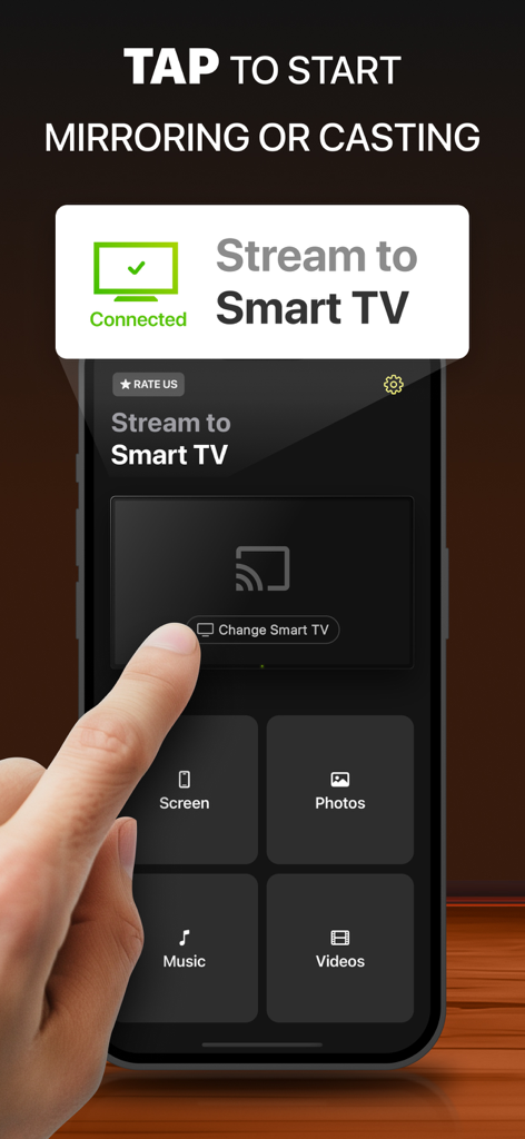 iPhone의 DoCast 앱 인터페이스, 연결된 스마트 TV로 화면 미러링 및 미디어 전송 옵션 표시
