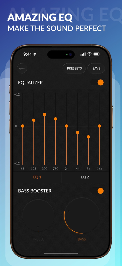Silence Music - Silence Music app equalizer and bass booster interface with frequency sliders