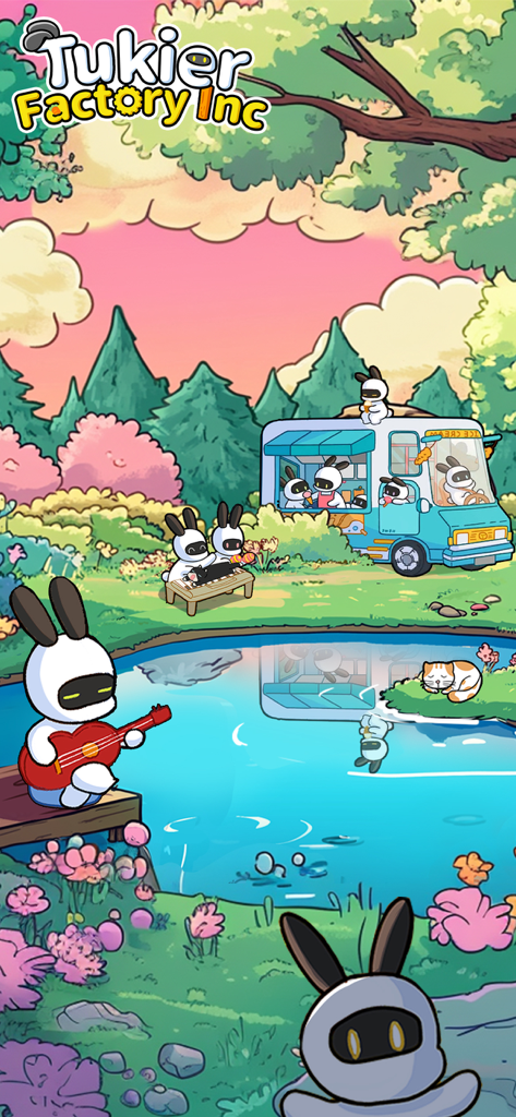 Tukier Factory Inc.-Idle Game - Adorable bunnies relaxing by a lake and food truck in a dreamy pastel world