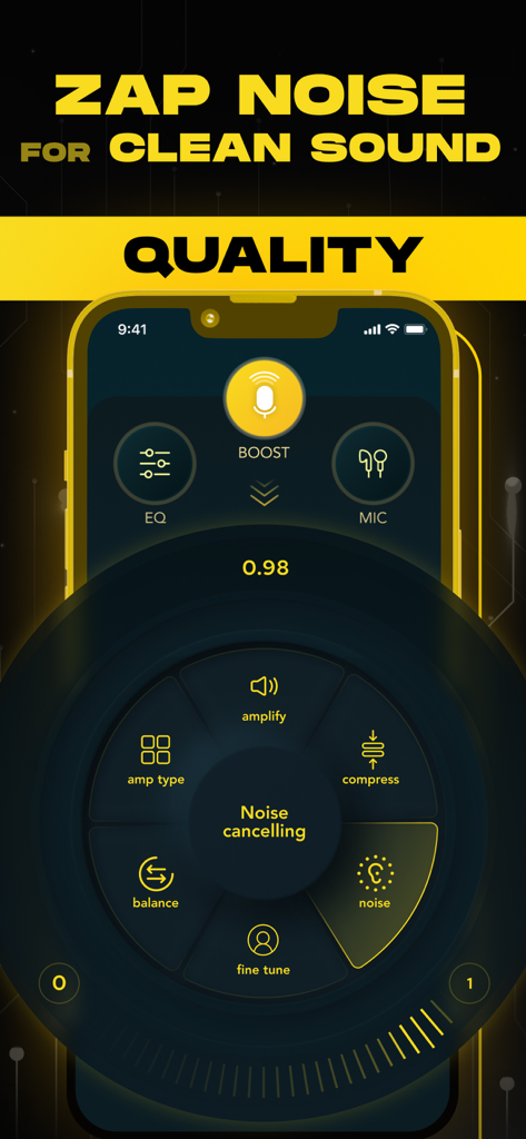 Ear Spy Apps - Super Hearing - Ear Spy app user interface showing noise cancelling and audio quality controls for clean sound