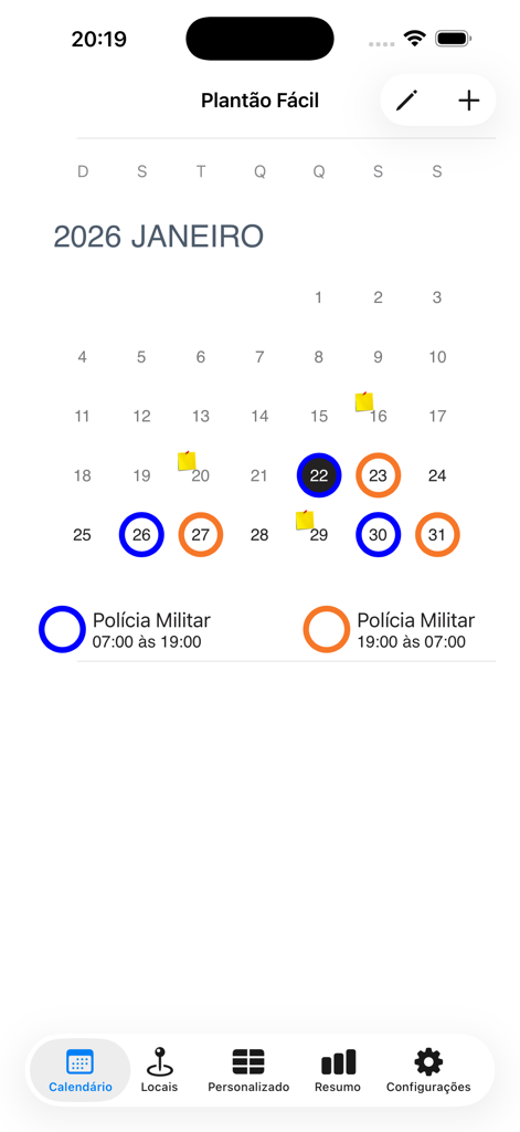 Plantão Fácil - Interface do aplicativo Plantão Fácil mostrando um calendário mensal com plantões de trabalho codificados por cores para policiais