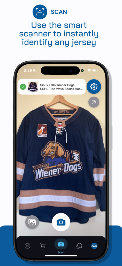 A mobile phone screen demonstrating the Rebound app scanning and identifying a sports jersey.