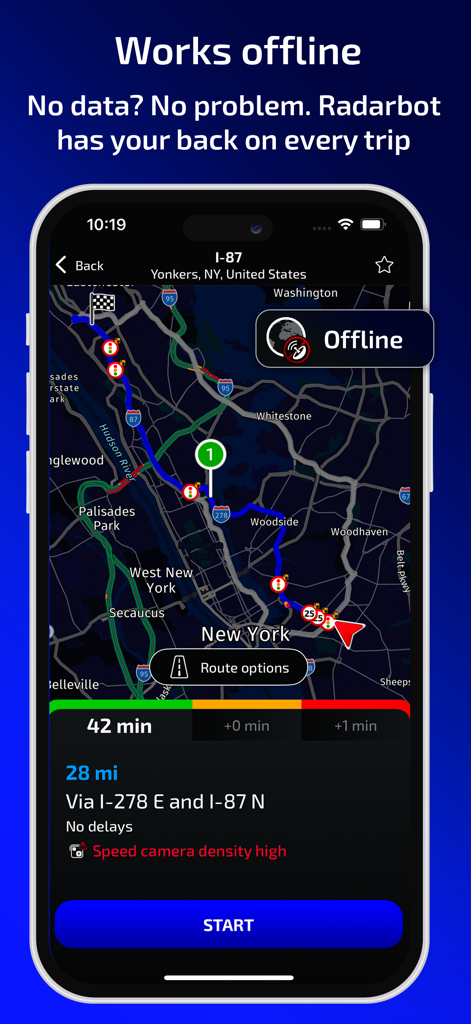 Radarbot app interface showing offline GPS navigation and speed camera alerts on a map