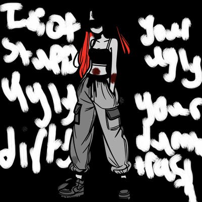 girl in baggy pants crop top and long hair