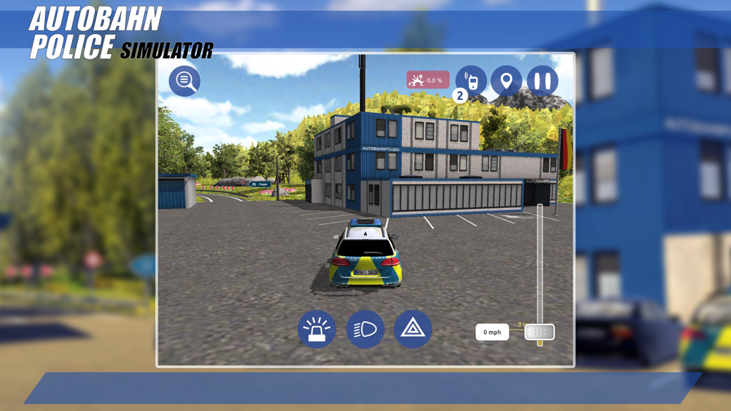 A police patrol car parked outside the police station in the Autobahn Police Simulator game.