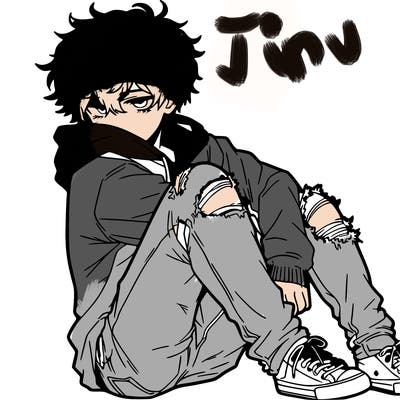 a male hoddie ripped jeans messy hair anime