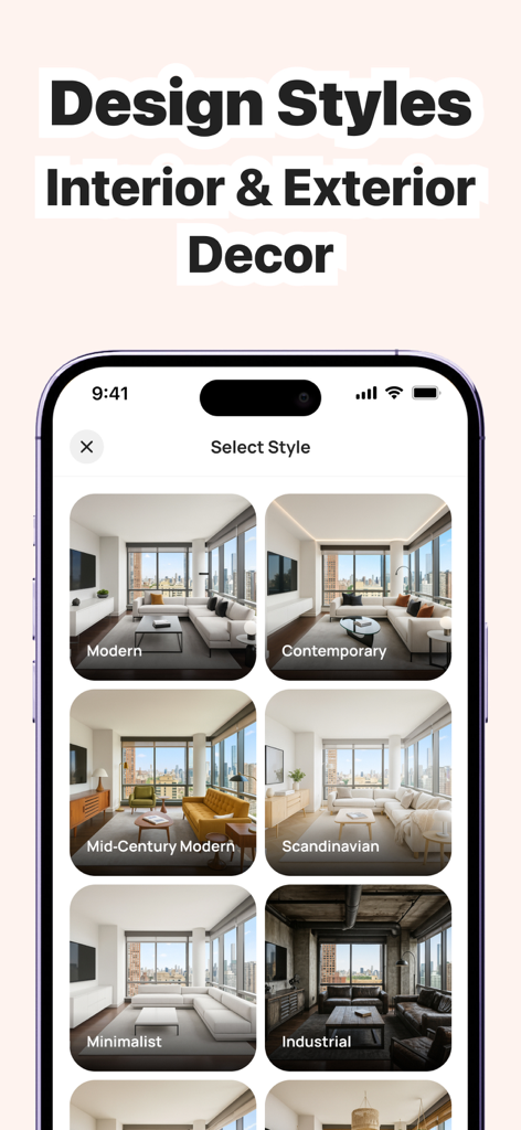 AI Home Remodel – Dekor - Interior design style selection screen in the Dekor app showing options like Modern and Scandinavian