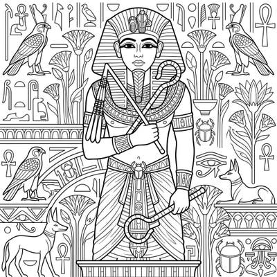 Step into the majestic world of ancient Egypt with this captivating coloring page featuring a powerful pharaoh. Adorned with symbolic elements like hieroglyphs and sacred animals, it's perfect for a creative historical adventure.