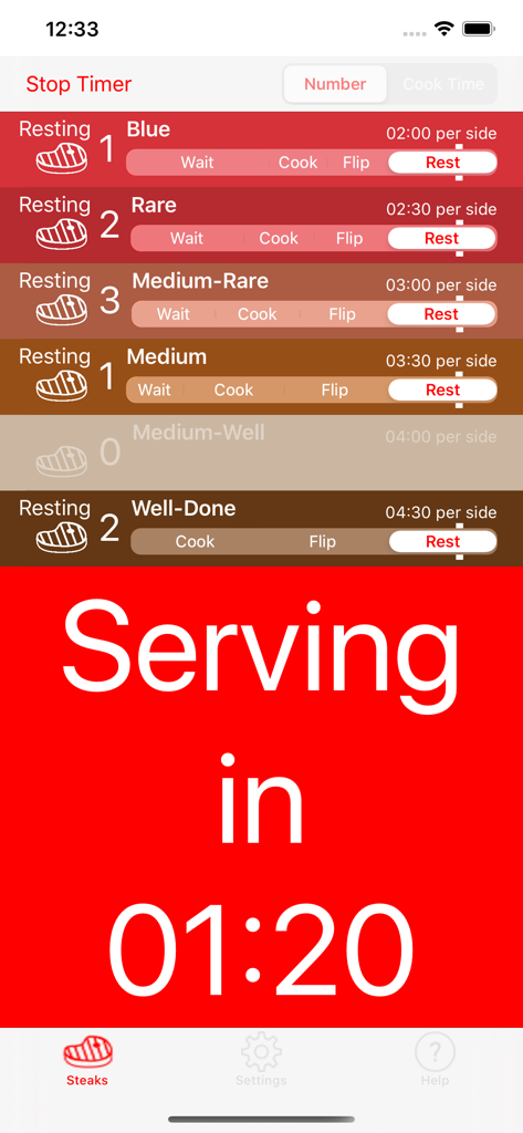 Steak Timer Pro - Steak Timer Pro interface showing multiple timers for different steak doneness levels and a large serving countdown