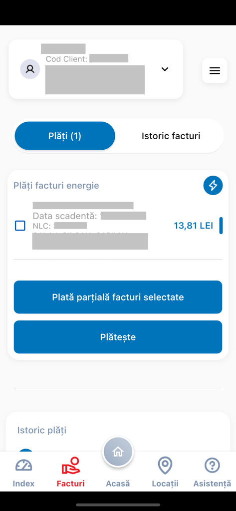 MyElectrica app interface showing a pending energy bill payment in Romanian Lei