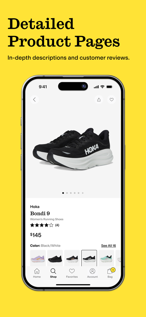 Zappos: Shop shoes & clothes - Zappos app screenshot showing a detailed product page for Hoka Bondi 9 running shoes with price and reviews.