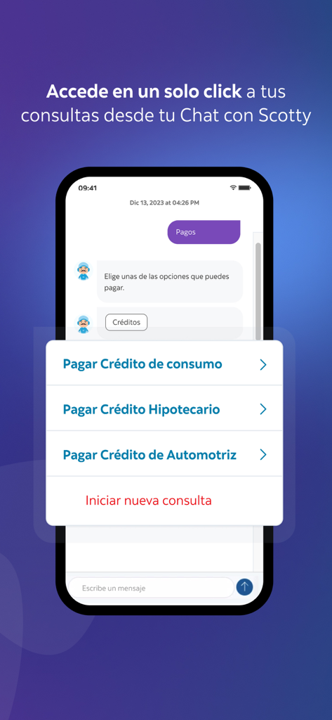 App Scotia - Assistente de chat bancário móvel Scotty no aplicativo Scotia GO mostrando opções de pagamento de empréstimo