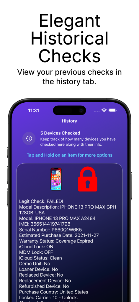 Pestaña de historial del comprobador IMEI que muestra resultados de verificación detallados para un iPhone 13 Pro Max.