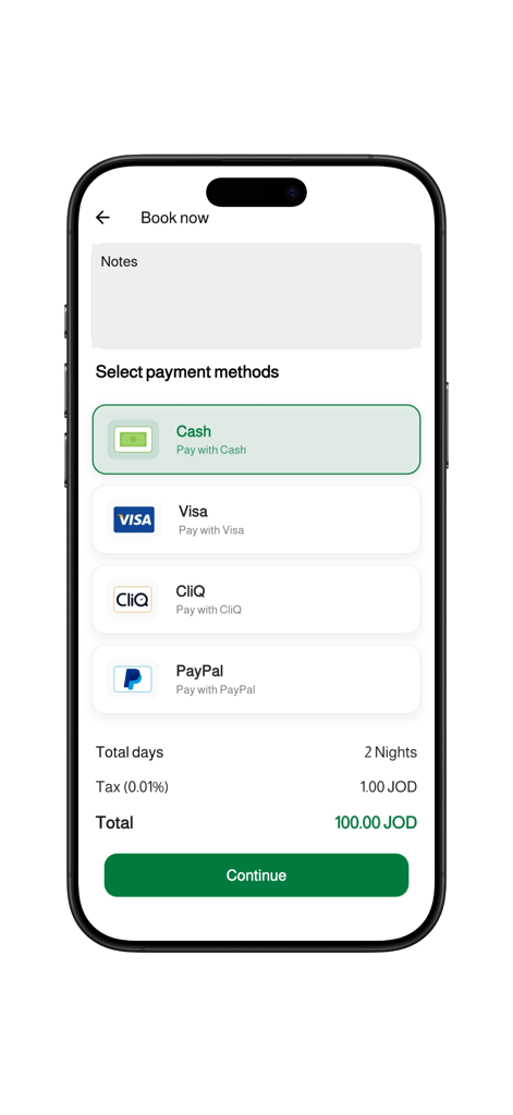 JRE : Hotel, Apartments - JRE app checkout screen showing payment options for booking including Cash, Visa, CliQ, and PayPal with total price details