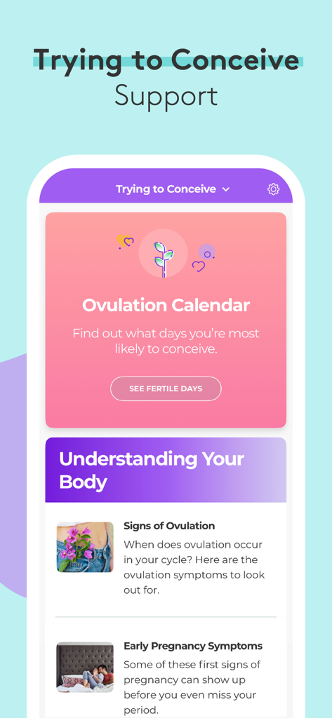 Screenshot der What to Expect App, die den Eisprungkalender und Funktionen zur Fruchtbarkeitsunterstützung zeigt.
