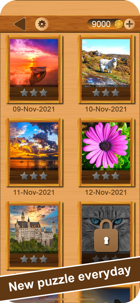 Amazing Jigsaw - Brain Puzzles - Daily jigsaw puzzle selection screen with nature and landscape images
